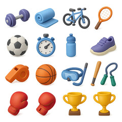 3d sports icon set featuring dumbbell, mat, bicycle, racket, ball, stopwatch, bottle, shoe, whistle