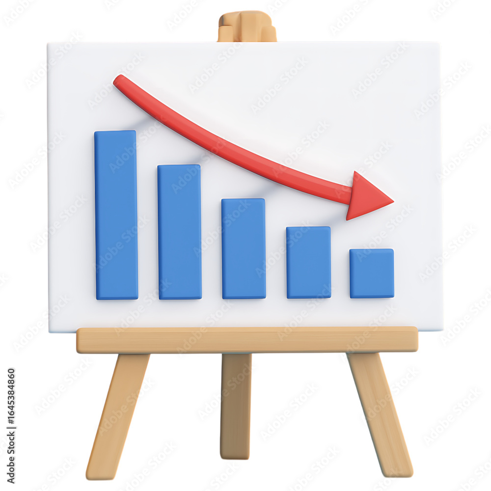 Poster declining bar graph on easel with red arrow pointing downward representing economic downturn and los