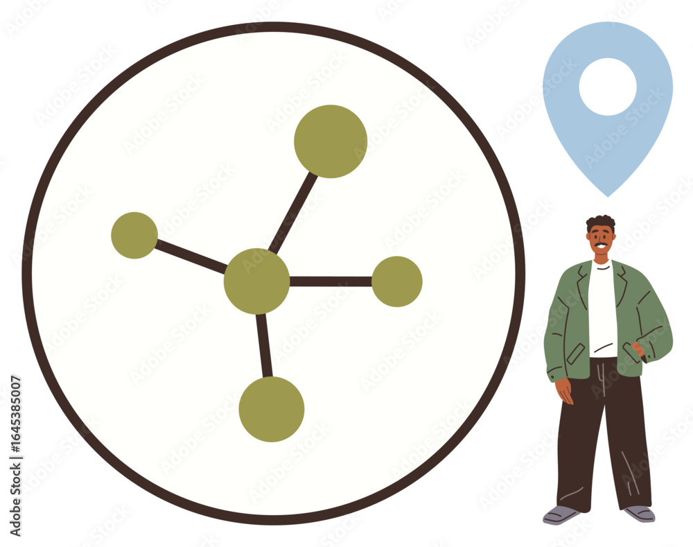 Poster network structure with connected nodes inside a circle, map location pin, and casually dressed perso