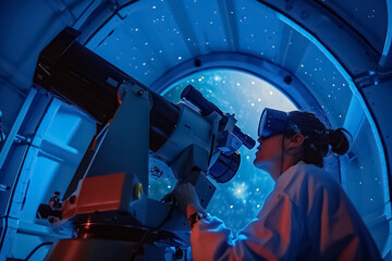 Female astronomer adjusting telescope indoors