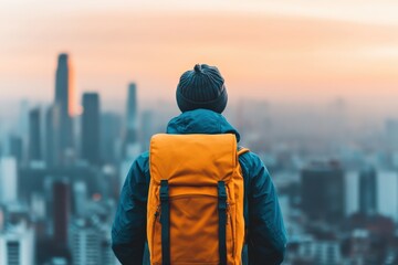 Backpacker stands on rooftop, viewing city skyline during sunset, symbolizing adventure and exploration in a bustling urban environment