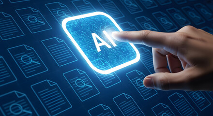 Finger presses glowing AI button amidst digital documents with magnifying glasses