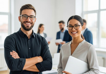 Portrait of a smiling business team in the office with a man and woman in front and other employees in the background
