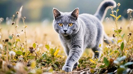 Gray Cat Standing in Summer Flower Garden