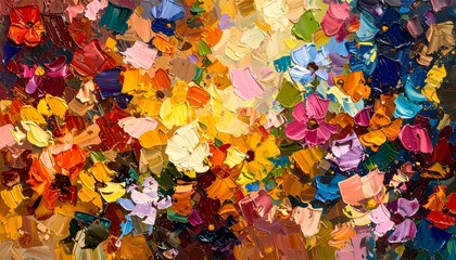 鮮やかな抽象花柄油彩画