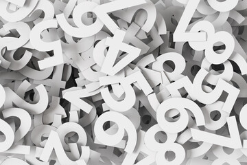 White paper cutouts of numerical digits randomly oriented and scattered. Illustration of the concept of figures, mathematics, statistics and data analysis