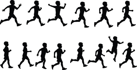 Set of running boy silhouettes in various poses, children jogging and exercising vector illustration collection for fitness and health content.