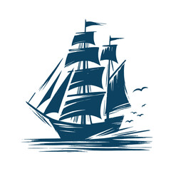 Sailing ship brush stroke engraving style vector illustration