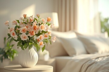 Flower vase on a nightstand near a beige bed, showcasing Art Deco-style interior design for a modern bedroom. 3D rendering, Generative AI