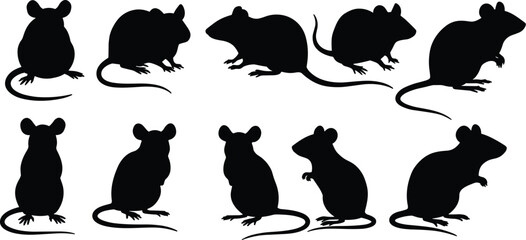Collection of black mouse and rat silhouettes in various poses, rodent vector illustration set for animal, wildlife, and pest control projects.