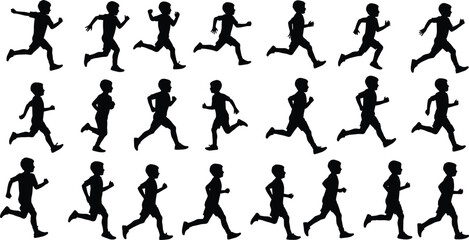 Set of running boy silhouettes in various poses, children jogging and exercising vector illustration collection for fitness and health content.