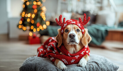 Retriever dog wearing a red Christmas sweater and antler headband sits in snowy forest with bokeh lights and snowflakes, creating a magical winter holiday atmosphere.