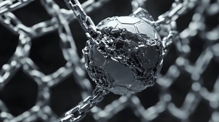 Metallic sphere entangled in reflective chains and a net, a stark still life