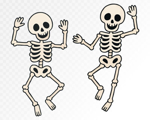 Playful watercolor Halloween skeleton duo dancing with joy, perfect for spooky party invitations and festive designs. Vector illustration.