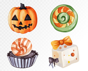 Charming watercolor Halloween set with jack-o’-lantern, cupcakes, candy, and lollipop, perfect for festive design projects. Vector illustration.