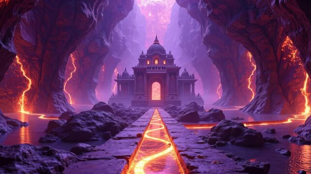Experience breathtaking 4K video of a Kubera temple inside a glowing purple colossal gemstone with molten gold rivers flowing through crystalline corridors, an ethereal, opulent, and magical sight.