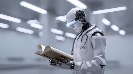 Medical robot doctor in a white coat with a stethoscope reading an open book. Artificial intelligence education and future health care concept.