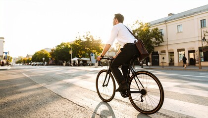 Man cycling to work through a sunlit street, wide-angle shot