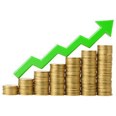 Rising Coin Stacks with Green Arrow for Financial Growth Charts and Investment Success Visuals