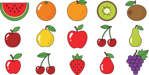 Collection of various cartoon fruits including watermelon oranges apples and other fruits on transparent background