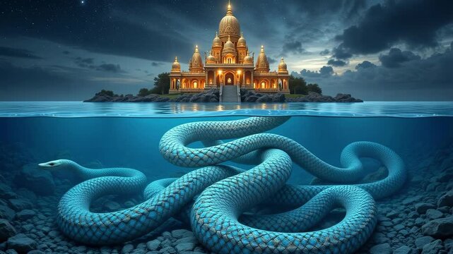 Divine Narayana rests on cosmic ocean with infinite Ananta coils, universe scales breathing eternally, stunning 4K footage for spiritual projects.