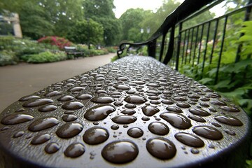 Close-up of a wet park bench
