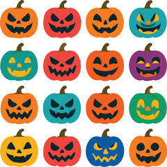 An array of sixteen halloween pumpkins with various colors and expressions arranged in a square pattern