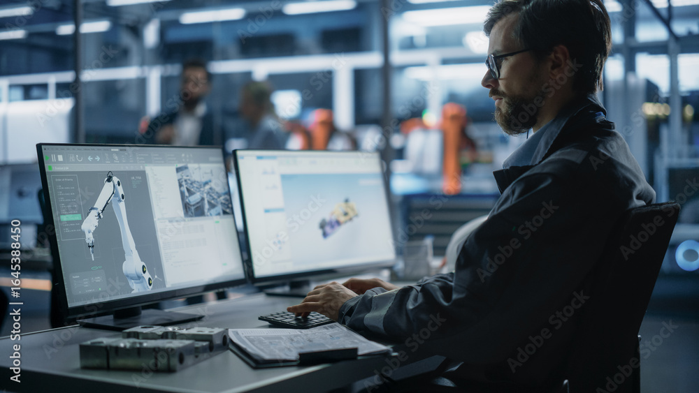 Poster caucasian male assembly line operator controlling autonomous conveyor with robotic arms at modern el
