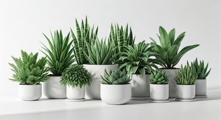 Obraz premium Green Potted Plants in White Pots on White Background