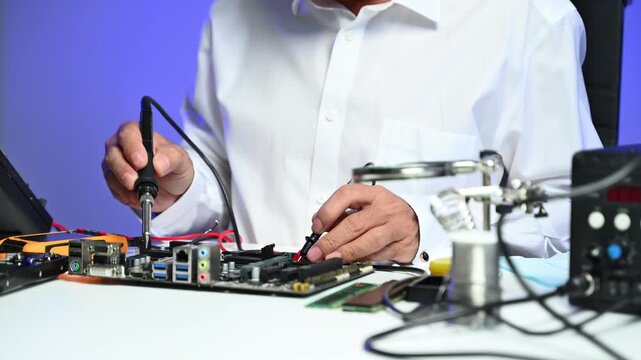 Computer technician in gloves safely repairing desktop hardware. Close-up view of hands fixing GPU and motherboard inside open PC case. Perfect for tech