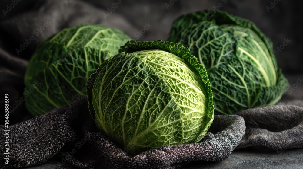 Poster savoy cabbage sits on a dark surface, showing the leaf detail, texture, and form in a close up view 