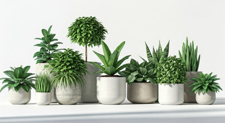 Fototapeta premium Collection of Diverse Green Potted Plants on White Surface