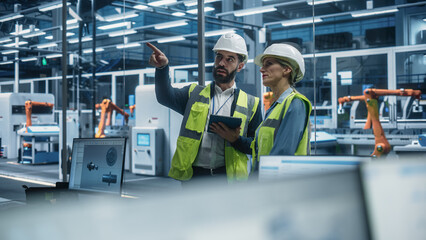 Hispanic Male Engineer Using Tablet And Talking To Caucasian Female Industrial Technician At...
