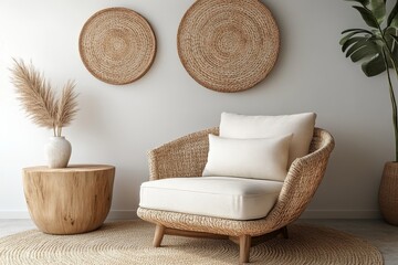 Armchair and wooden side table near a white wall with round accent wall decor, contributing to modern living room interior design. 3D rendering, Generative AI