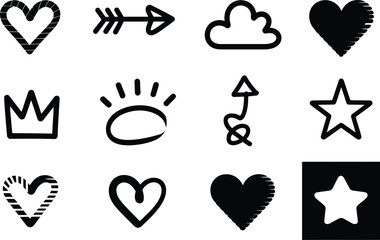 Collection of twelve black and white doodle style vector icons
