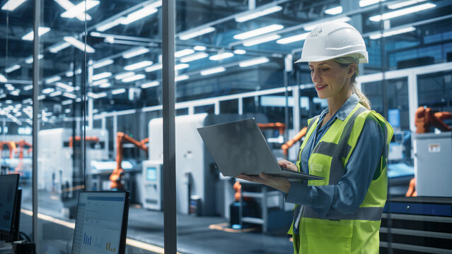 Factory Office: Portrait of Confident Caucasian Female Chief Engineer Wearing Hard Hat Working on Laptop Computer. Technician At Automated Robot Arm Assembly Line Manufacturing Electric Components