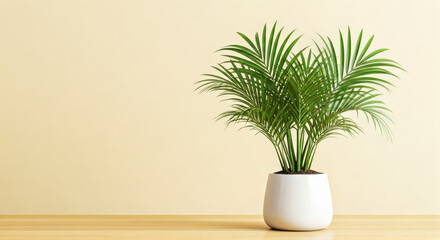 Green Houseplant in White Pot on Wood Surface with Cream Background