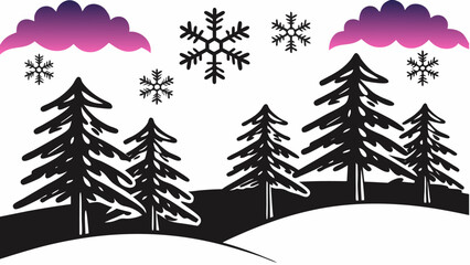 Fototapeta premium Illustration of winter landscape with trees, snowflakes, and clouds in black, white, and purple colors | editable eps vectors silhouette