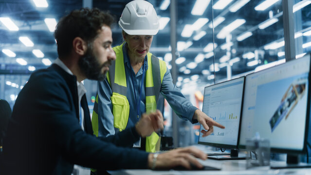 Car Factory Office: Latin Male Auto Engineer Showing Transmission 3D Render To Caucasian Female Automotive Production Supervisor On Computer. Automated Robot Arm Assembly Line Manufacturing Vehicles. - Powered by Adobe