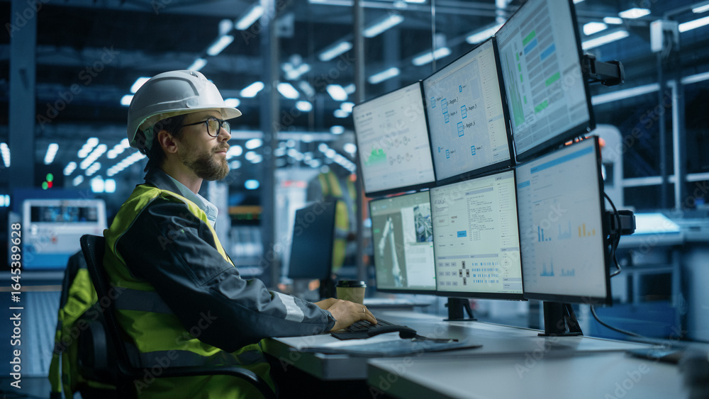 Poster caucasian male autonomous assembly line operator using multi monitor workstation to monitor and cont