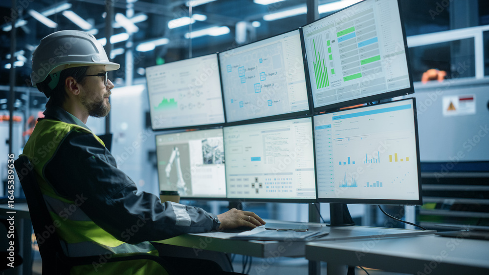Poster caucasian male process engineer using multi monitor workstation to control production of modern elec