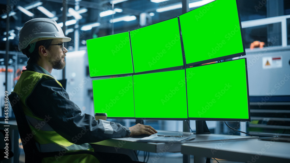 Poster caucasian male autonomous assembly line operator using multi monitor workstation with green screen c