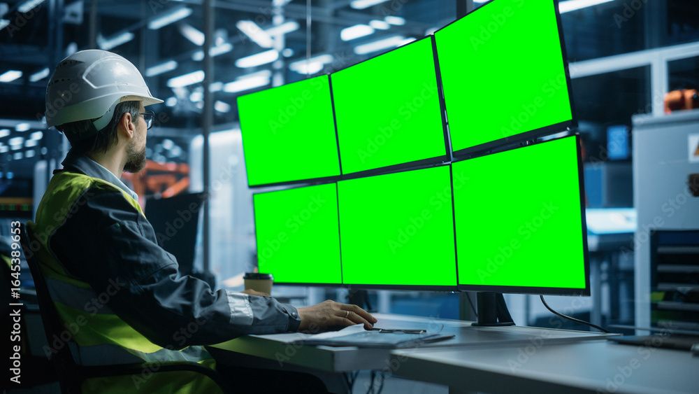 Poster caucasian male autonomous assembly line operator using multi monitor workstation with green screen c