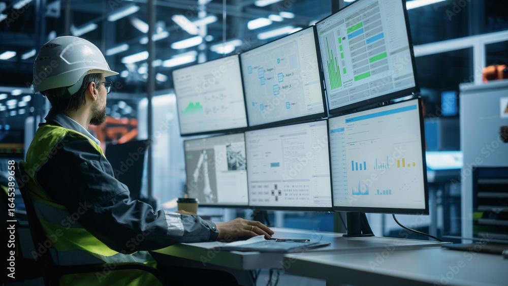 Poster caucasian male process engineer using multi monitor workstation to control production of modern elec
