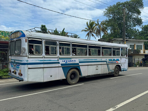 Aluthgama, Sri Lanka - August 11, 2025: Sri Lankan Ashok Leyland Viking 210 Turbo public transport bus. Nobody in the vehicle. 
