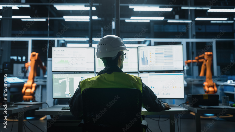 Poster backview of caucasian male engineer using multi monitor workstation to control production of machine