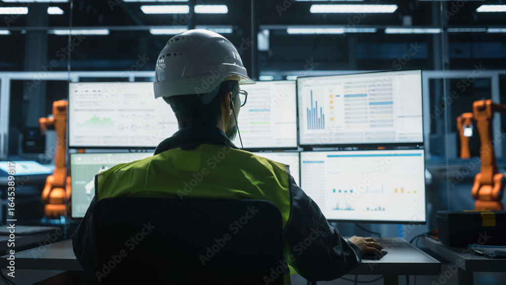 Poster backview of caucasian male engineer using multi monitor workstation to control production of machine