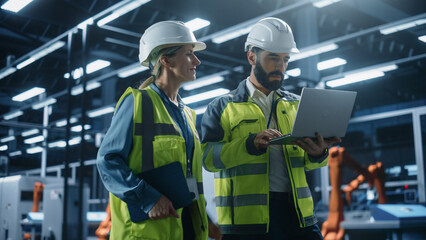 Portrait of Hispanic Male Process Engineer and Caucasian Female Production Supervisor Walking,...