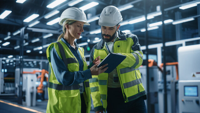 Two Diverse Engineers Walking, Using Tablet Computer at an Industrial Machinery Factory. Caucasian Female and Hispanic Male Specialists Chatting and Monitoring Robots on a Modern Assembly Line.