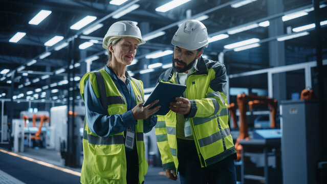 Portrait of Hispanic Male Process Engineer and Caucasian Female Production Supervisor Walking, Using Laptop, and Discussing Production at Modern Automated Manufacturing Plant with Robotic Arms